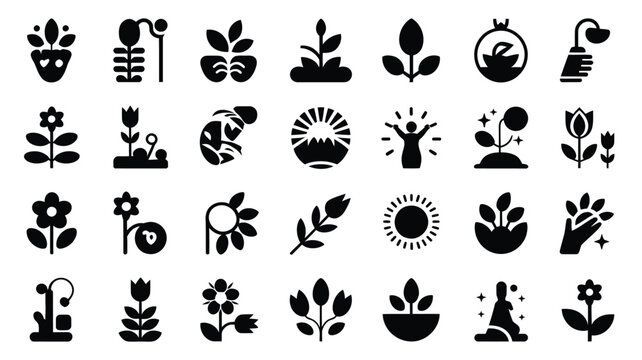 Modern vector set showcasing 30 minimalist silhouettes of plants flowers and gardening tools in a playful stylized design on a clean background
