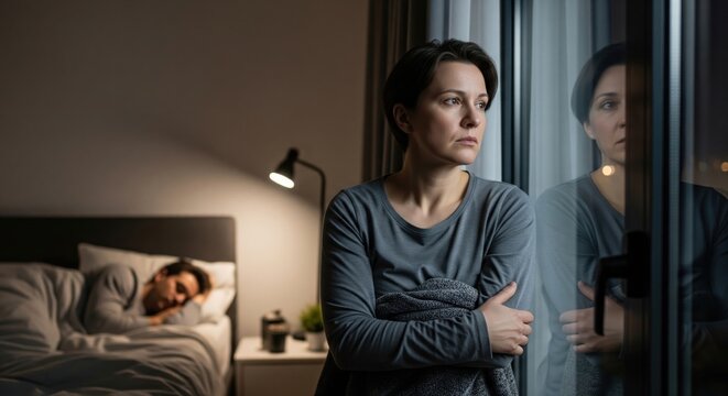 Awake partner wrapped in blanket looking through window while loved one sleeps, modern bedroom scene about insomnia, mental load and nighttime anxiety