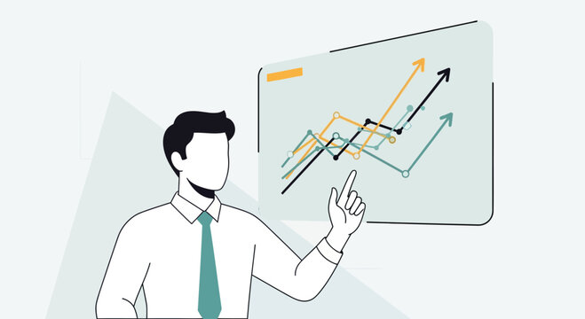 Business man pointing at growing financial chart on screen, upward trend