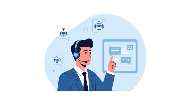 AI Assistant Interaction: Person with headset and chatbots on screen