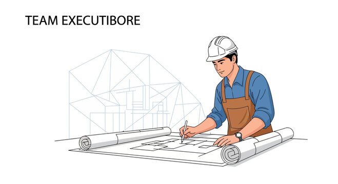Architectsman drawing blueprints, blueprint paper, hard hat, construction site