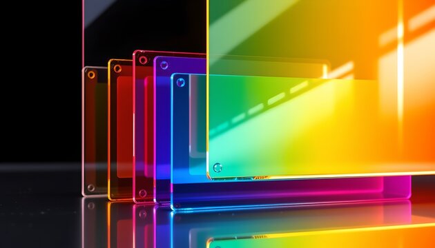 The image features a series of transparent, colorful rectangular objects arranged in a row, with hues ranging from orange and pink to blue and green