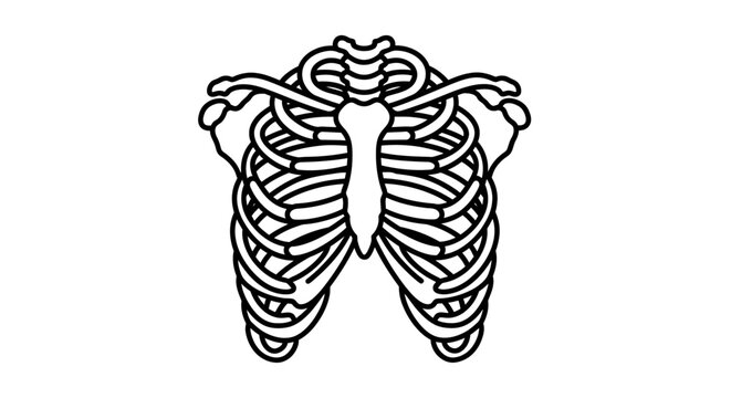 Black and white anatomical illustration of human rib cage against white background