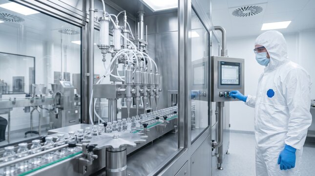 Automated sterile filling machine dispenses clear liquid into glass vials, showing pharmaceutical production, cleanroom workflow and contamination control.