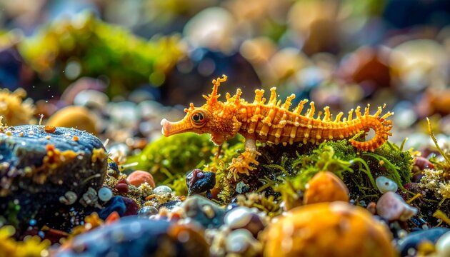 Tiny pygmy pipehorse camouflaged among coral and algae on reef