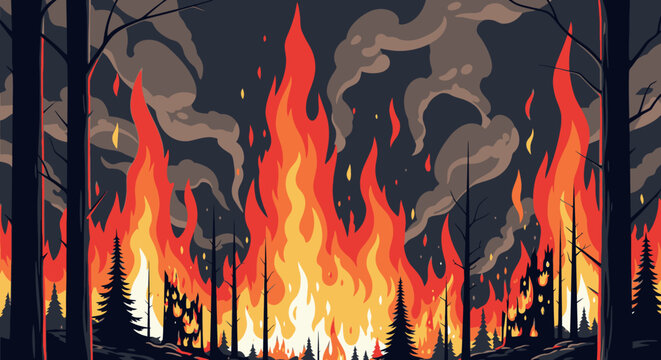 Forest fire illustration dramatic flames and smoke against a dark sky
