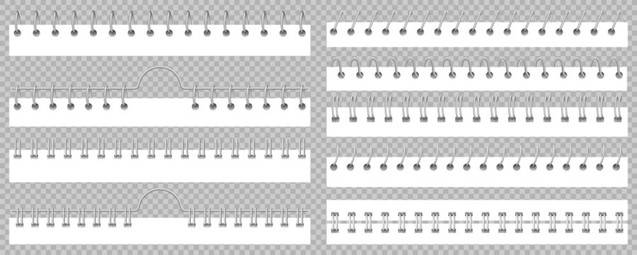 Collection of realistic spiral, coil, and ring binding elements for notebooks, isolated on transparent background. Set of various metal binding styles for sketchbooks, notepads