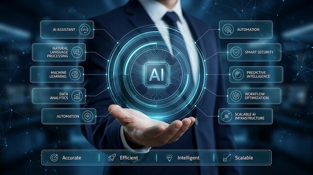 Businessman presenting artificial intelligence applications including machine learning, data analytics, and automation for smart business solutions.