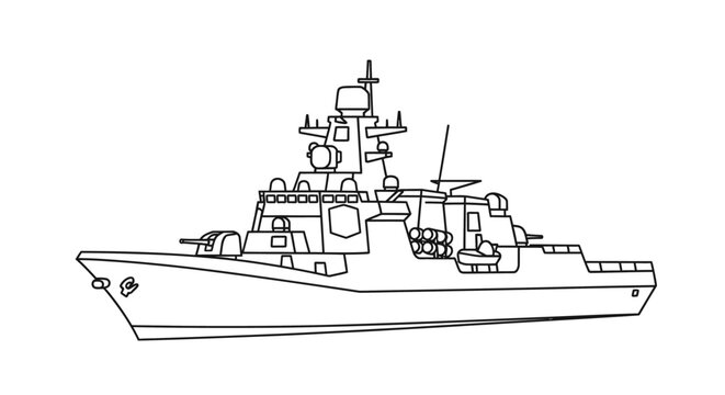 Line drawing illustration of a modern military warship isolated on white