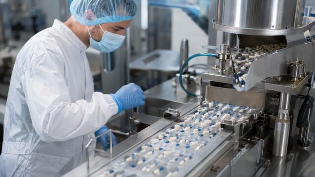 Generic capsules enter blister cavities on automated packaging line, showing pharmaceutical production, hygiene and medicine packaging quality control.