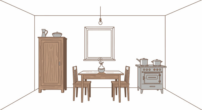Minimalist interior illustration dining table cabinet and stove in empty room