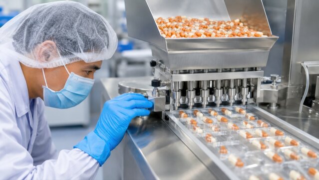 Pharma technician adjusts capsule feed area beside blister machine during clean automated drug packaging workflow in pharmaceutical manufacturing facility.