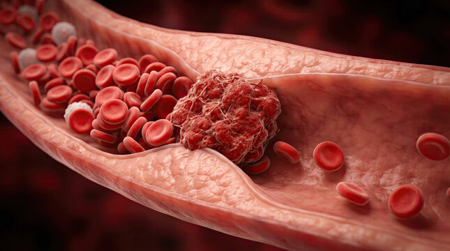Blood clot thrombus blocking red blood cells stream artery concept. Close-up of blood flow with red blood cells and a clot.