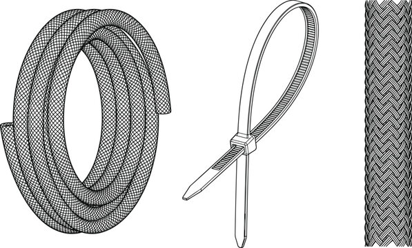 Minimalist Line Art Icons of Cable Ties, Mesh Tubing, and Braided Materials for Electrical, Cable Management, and Industrial Design Sets