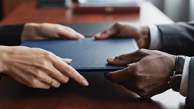 Handing over Document Folder During Business Meeting