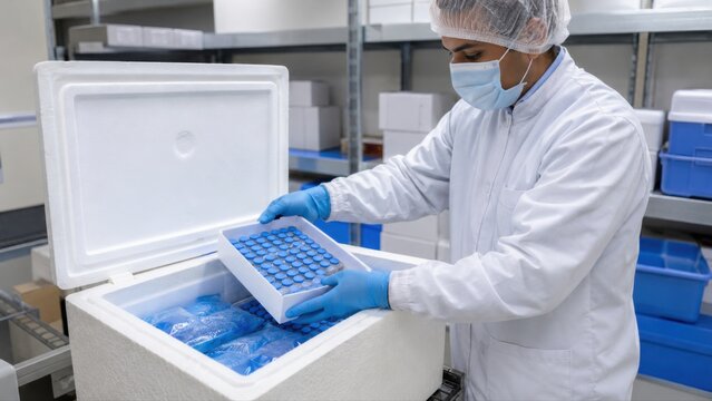 Gloved worker arranges vaccine trays with cold packs in medical transport box, illustrating safe logistics and temperature controlled workflow.