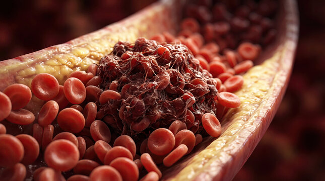 Blood clot thrombus blocking red blood cells stream artery concept. Close-up view of blood cells in a human bloodstream, illustrating health.