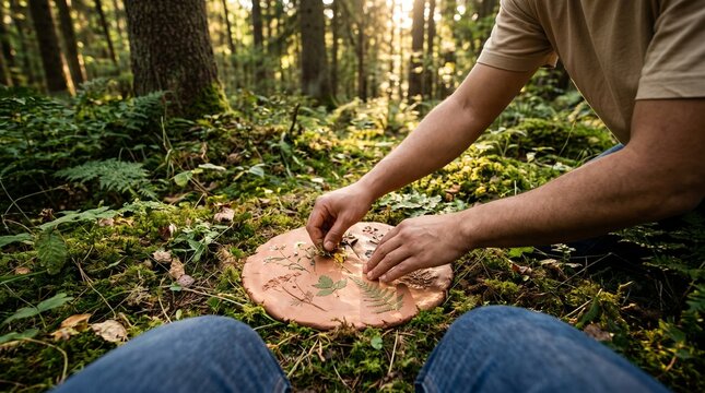 Man crafting leaf impressions on clay plate in sunlit forest
