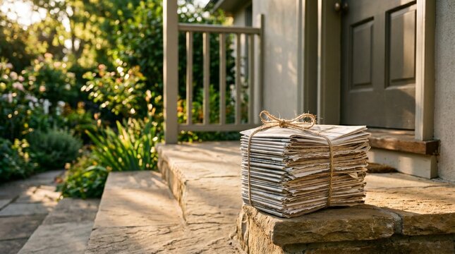 Stack of newspapers tied with twine delivered to home front porch at sunset.