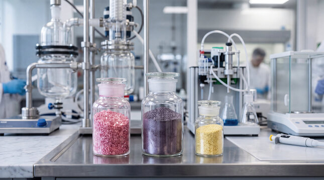 Extraction process of precious rare earth elements refinement concept. Colorful laboratory samples in glass jars ready for analysis.