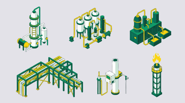 Industrial factory complex with multiple processing units and pipelines.