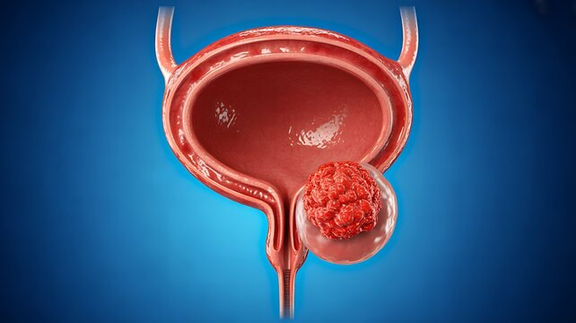  Human urinary bladder and enlarged prostate anatomy illustration showing prostate disease concept