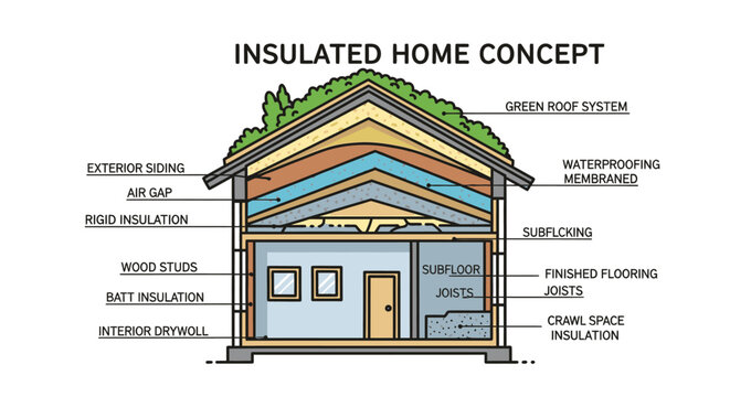 Cross sectional illustration of an insulated home depicting construction layers