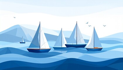 Naklejka premium Sailboats gliding on calm sea under distant mountain range