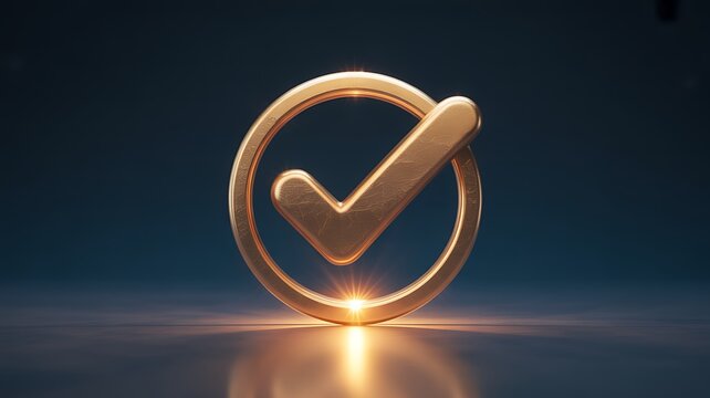 Golden check mark icon with glowing modern verification symbol background
