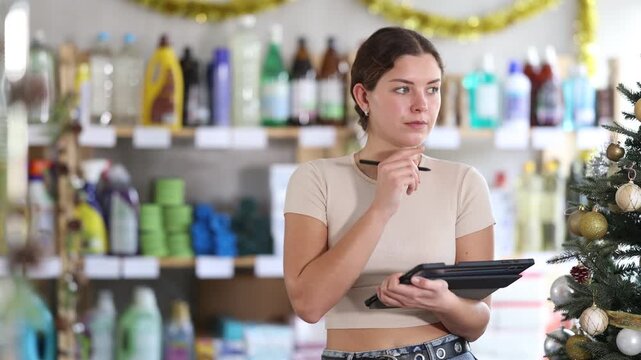  Young woman seller conducting inventory with tablet in household chemicals store decorated for christmas 