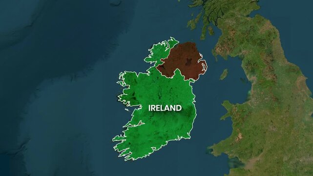 Animated map highlighting Ireland and Northern Ireland on a global satellite view