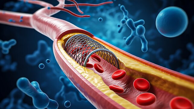 Blocked blood vessel with cholesterol plaque and red blood cells medical illustration