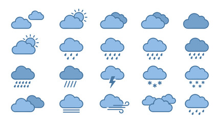 Obraz premium Flat blue cloud and weather symbol collection