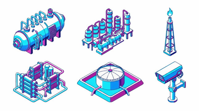 Industrial factory equipment and security camera isometric illustration.