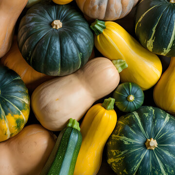 Colorful display of fresh organic winter squash and gourds, healthy harvest