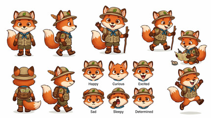 Obraz premium Cute Fox Explorer Character Set with Various Poses and Facial Expressions.