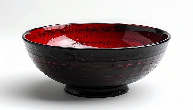 Traditional black and red lacquerware bowl with glossy finish on white background