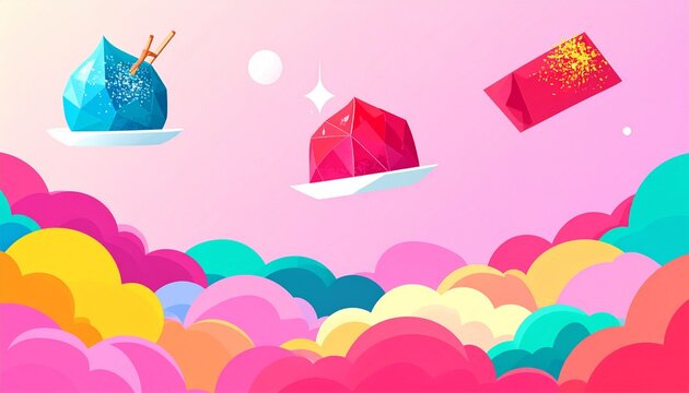 Floating crystal desserts and gift boxes over colorful clouds in surreal illustration