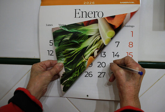 Apuntando en calendario nota recordatorio y tachando d&iacute;a fecha anuario con boli pasando hoja mes almanaque con manos escribiendo cita  y se&ntilde;alar