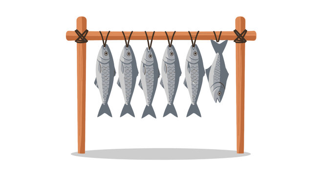 Freshly caught fish hanging on a wooden rack against a white background