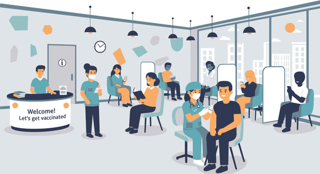 People receiving vaccinations in a modern clinic illustration for healthcare campaign
