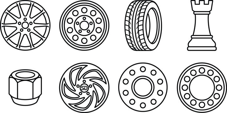 Minimalist Line Art Icons of Wheels, Tires, Hubcaps, and a Chess Piece for Automotive and Gaming Design Sets