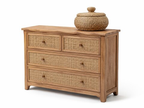 Sage green cottage dresser with wicker basket and antique knobs for soft farmhouse storage furniture