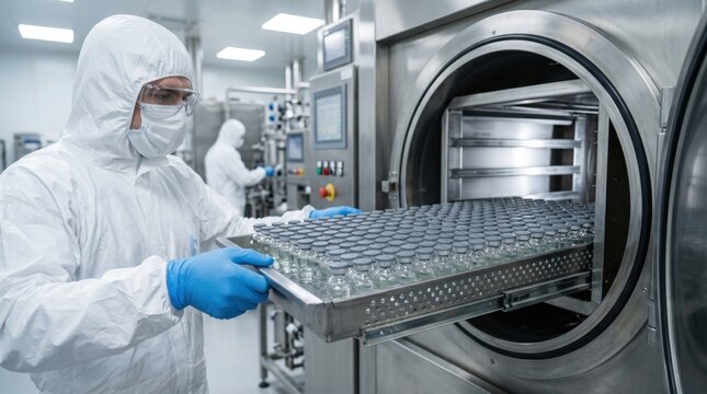Cleanroom scene with generic vial tray entering specialized chamber illustrates vaccine stability processing and controlled production workflow.