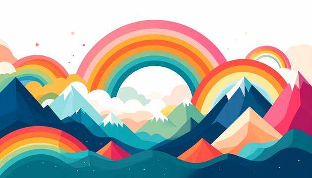 Colorful geometric rainbows arching over stylized mountain landscape