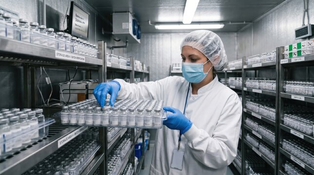 Cold room scene with gloved worker inspecting generic vial trays illustrates vaccine storage, inventory control and biotech logistics.