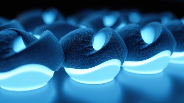 Blue abstract shapes resembling cushioned surface. Soft texture, glowing edges create futuristic feel. Minimalist design, dark background.