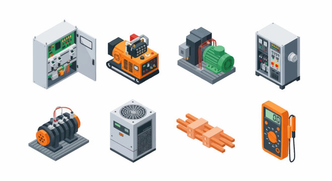 Collection of industrial electrical equipment and machinery isometric illustrations.