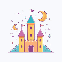 Obraz premium Cartoon Castle with Moon and Stars