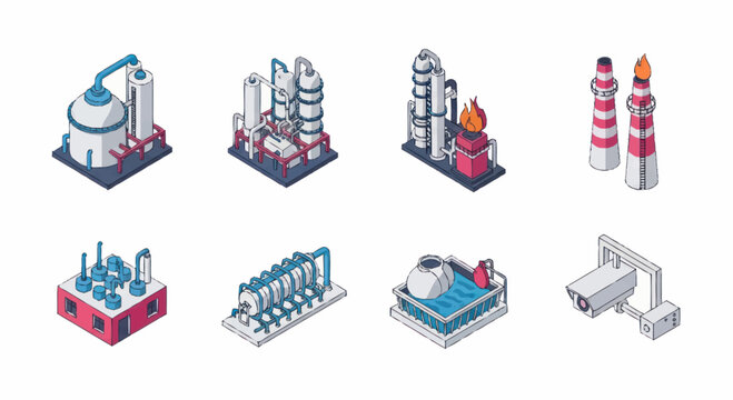 Industrial factory and refinery isometric illustrations with security camera.